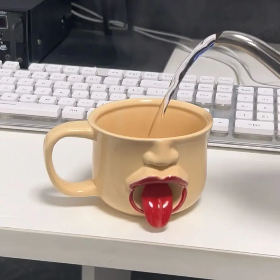 3D Human Face Ceramic Mug Strange Cup Abstract Funny Tongue Out Design Coffee Water Cup Home Office Drinkware Gift