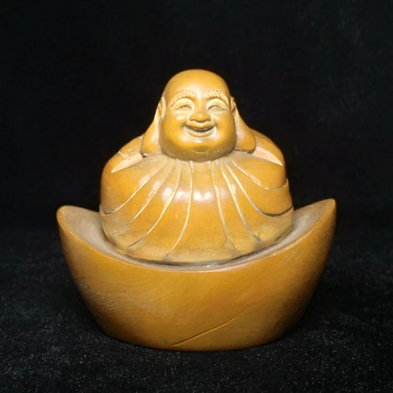 1919 Antique art Size Chinese Hand-carved Boxwood shoe-shaped gold ingot Maitreya Buddha statue 7.8 CM