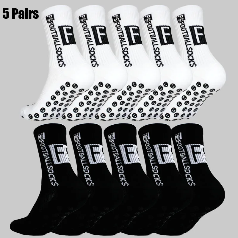 5 Pairs Black Men Non-slip Football Socks Breathable Wear-resistant Outdoor Sports Socks for Soccer Rugby, Running，Size 39-44