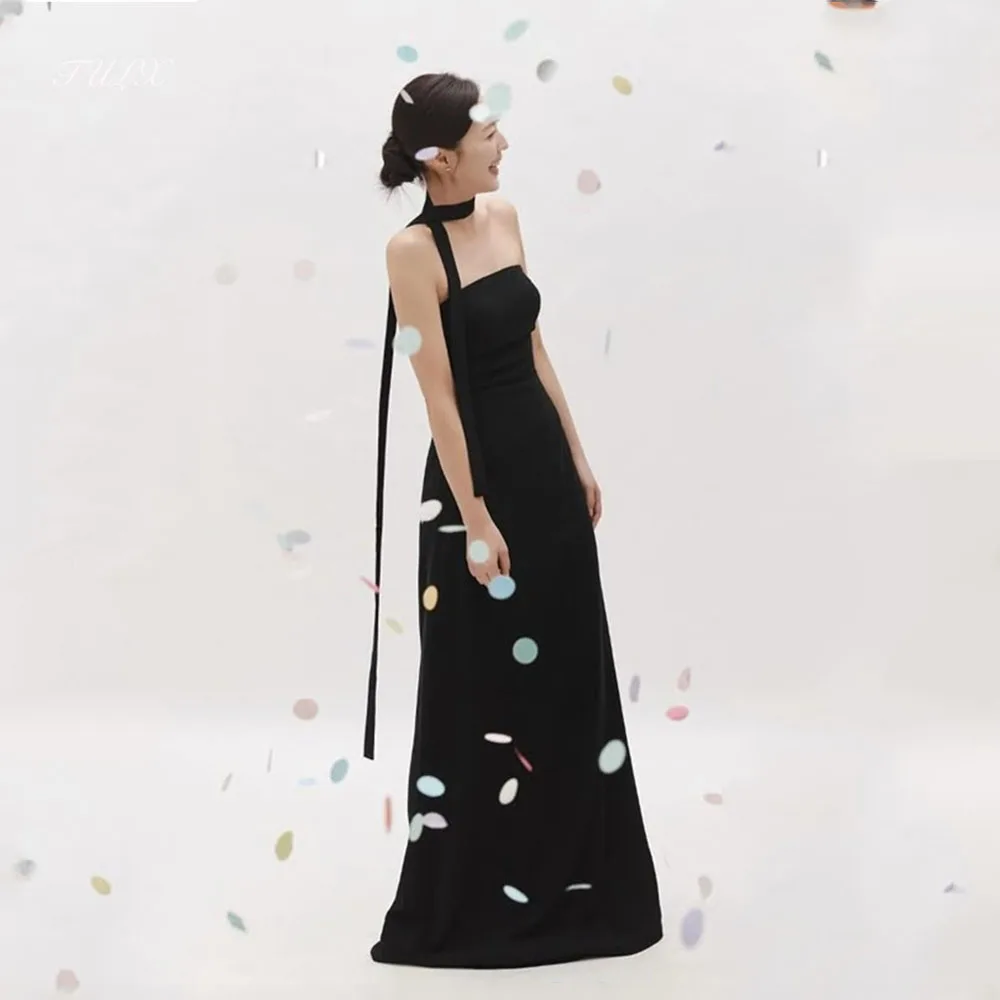 

TULX Simple Black Evening Dress Korea Wedding Photo Shoot Strapless Scarf A line Tea Length Party Dress Corset Customized 2026