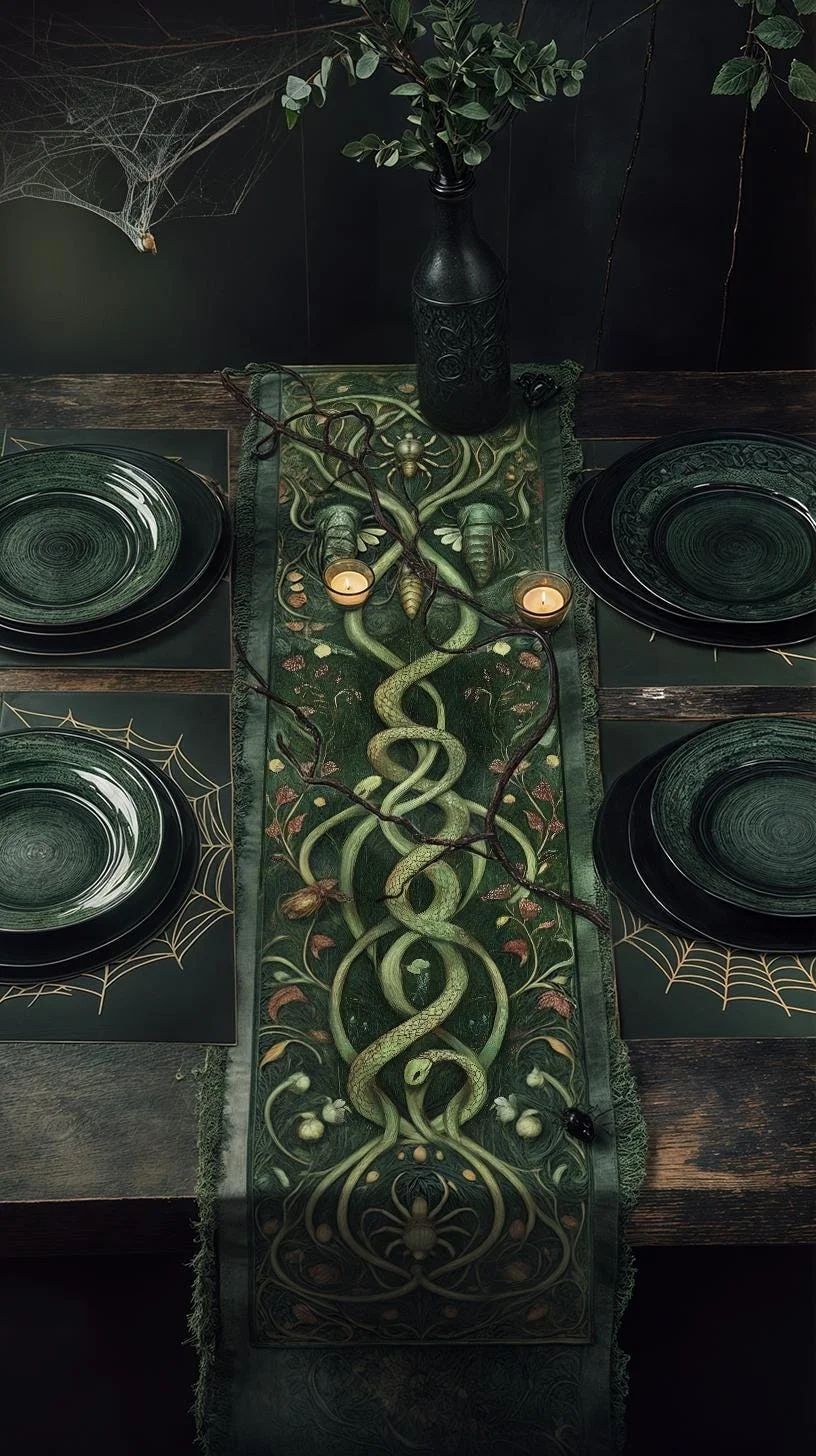 Green Haunted Forest Table Runner & Green Spiderweb Placemat,Gothmas celestial decor bridging Halloween into Christmas