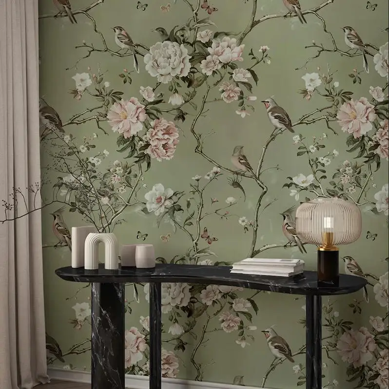 Customized Wallpaper New Chinese Style Modern Plant Flower Bird Flower Living Room Study Background Wall Decoration Painting