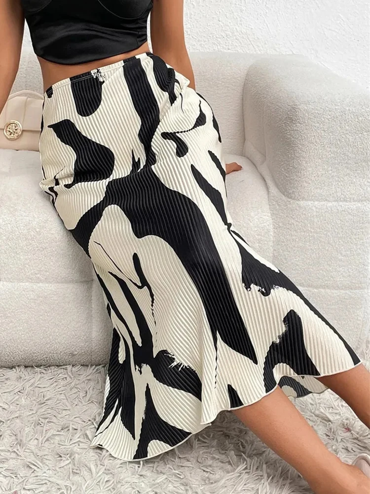 2000s مثير البقرة رقطة نمط التباين اللون الترفيه تصميم مطابقة الطباعة الأوروبية الأمريكية الربيع الصيف ميدي تنورة