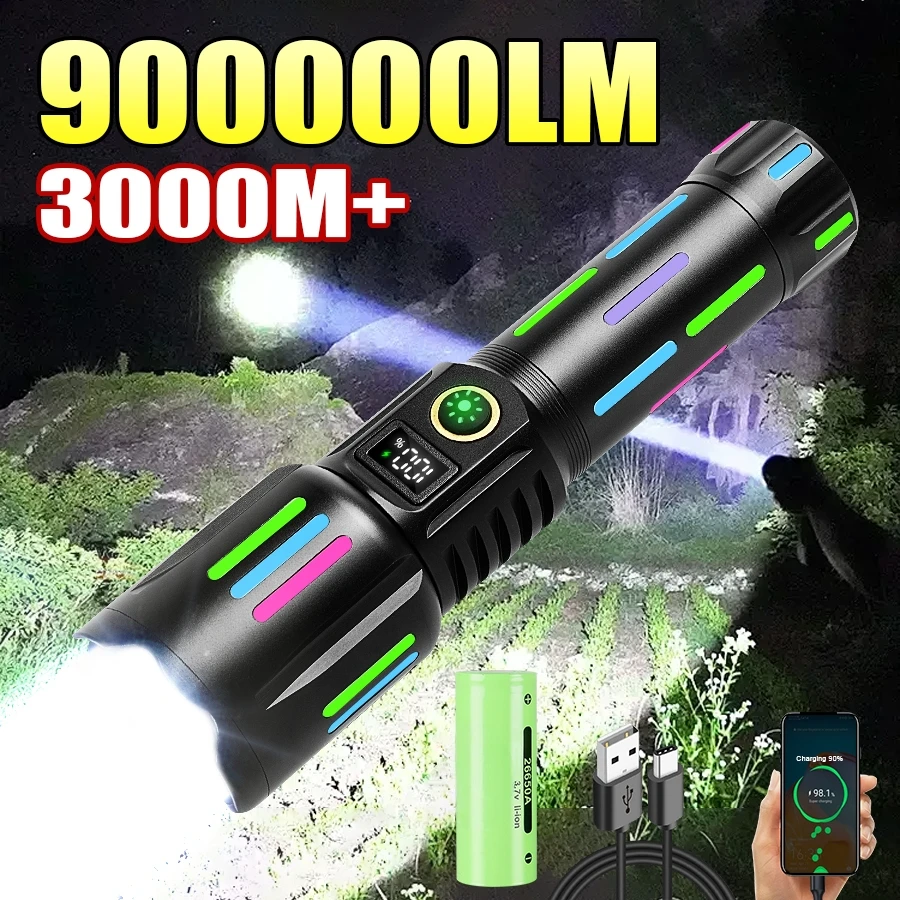 

High Power LED Flashlight 3000 Meters Long Shot Rechargeable Torch Colorful Fluorescent Powerful Flashlight For Camping Lantern