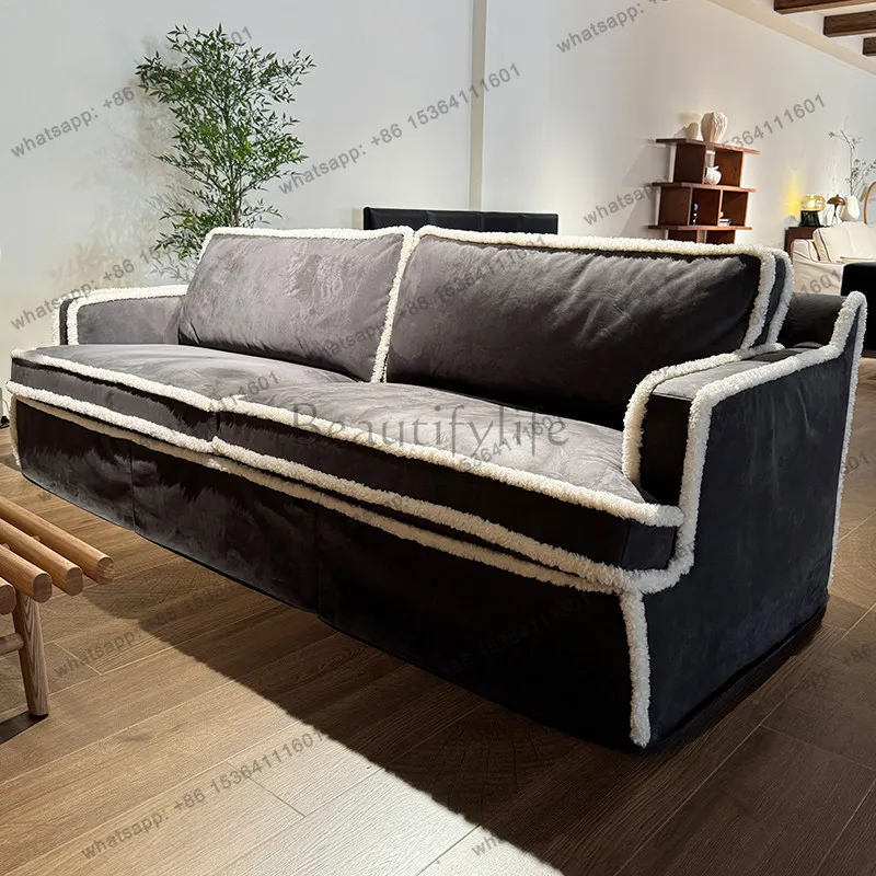6 new medieval three-person straight row fabric sofa, small apartment matte cloth retro sofa