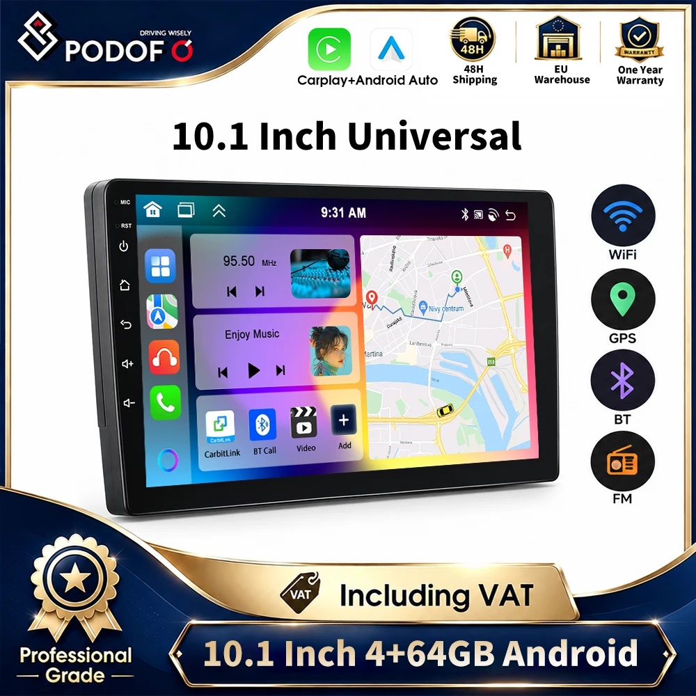 Podofo, lettore multimediale per auto con schermo IPS in vetro temperato da 10,1 pollici, sistema Android, 4+64 GB di memoria, navigazione GPS, WiFi, Bluetooth, radio FM RDS, CarPlay wireless, Android