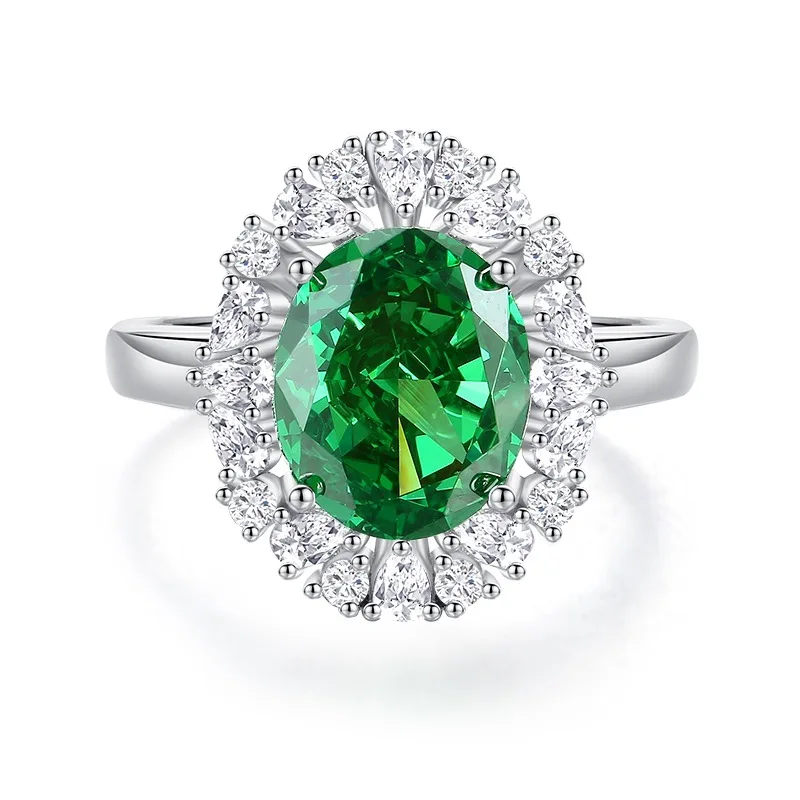 

S925 Sterling Silver Ring Female Emerald 5 Carat 9 X11mm Pigeon Egg Diamond Zircon