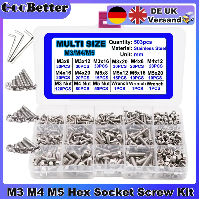 

503Pcs Hexagon Hex Socket Screw Set M3 M4 M5 Stainless Steel Round Cap Head Screws Bolt and Nut Assortment Kit tornillos