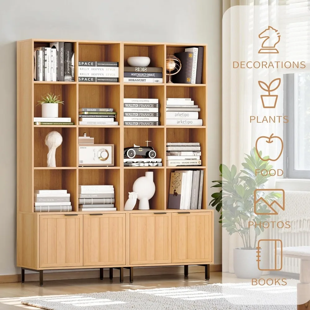 Estante de madeira ajustável de 4 camadas estilo fazenda com portas, armário de armazenamento para sala de estar, escritório, cozinha