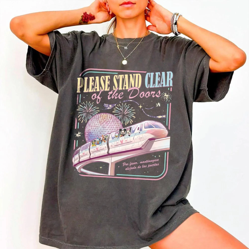 

Ретро-футболка с надписью «Пожалуйста, держитесь подальше от дверей», футболка с цитатой о монорейле в стиле Дисней, футболка Disneyworld, футболка Kingdom, футболка Disney