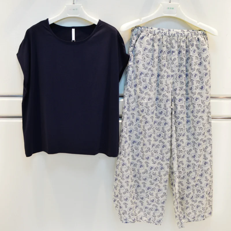 chuannei-women's-summer-new-pure-cotton-knitted-round-neck-casual-short-sleeve-long-pants-home-clothes-comfortable-sleepwear