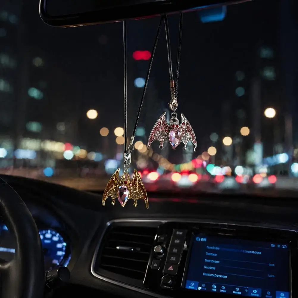 Alloy Car Ornament Bat Car Ornament Rhinestone Bat Charm Halloween Sparkly Car Rearview Mirror Ornament Cute Hanging for Men