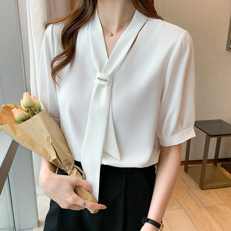 Chiffon Shirts for Women 2025 Summer Female Clothing Short Sleeved Blouse Fashion Bow Unique Women‘s Blouses White Shirt Women