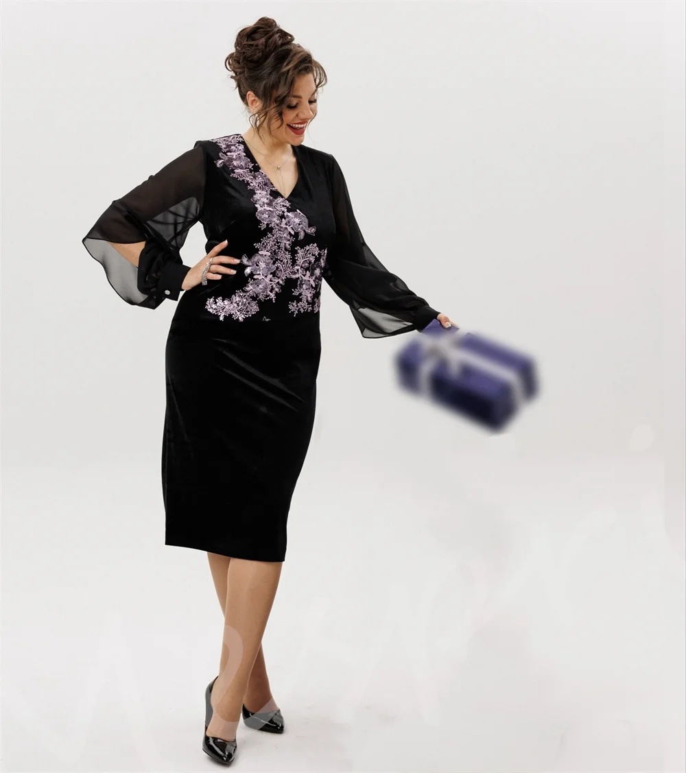 Customized Elegant Lace Applique V-neck Straight Plus Size Midi Dresses Party Mother Of The Bride Gown Classic Formal