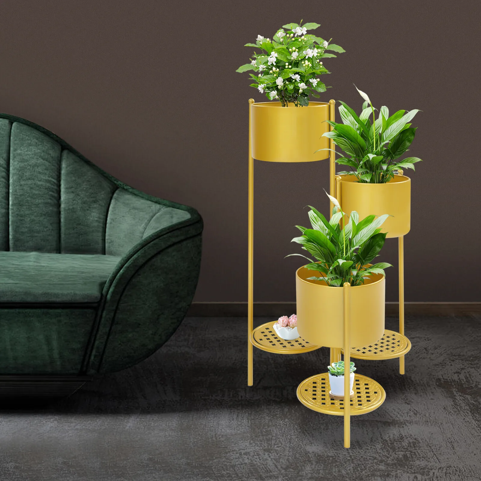 

3-Tiers Iron Flower Pots Elegant Gold Corner Plants Stand Free Standing 15.7*31.3in