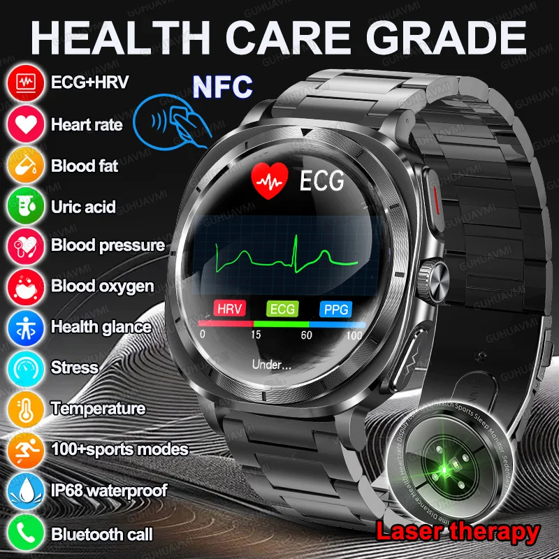 

2025 New Laser Therapy ECG Blood pressure Smart Watch Uric Acid Blood Lipid Organ monitor Clock NFC BT Call Health Watches Men
