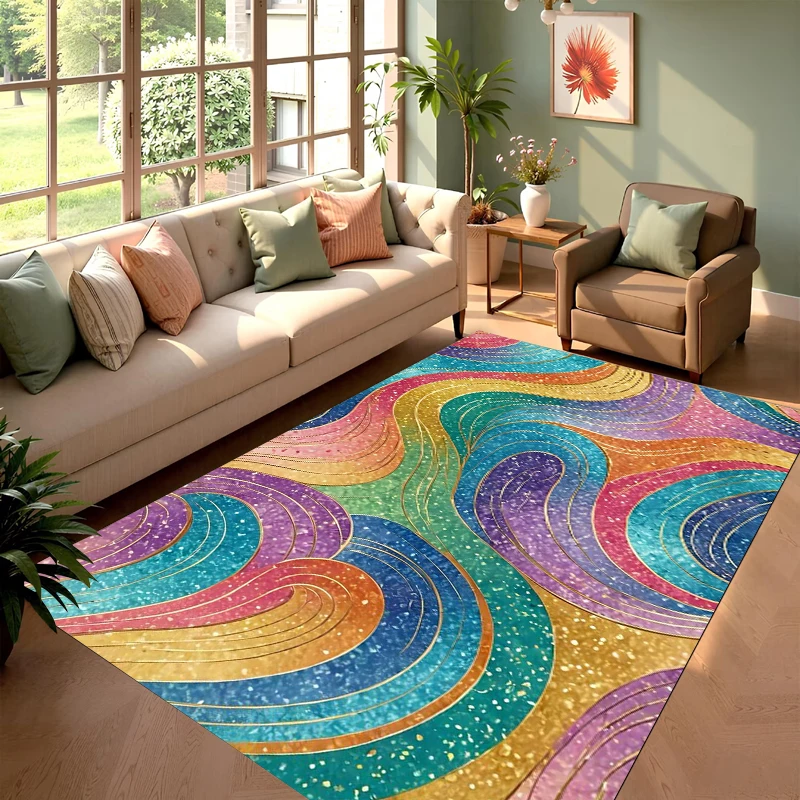 Vibrant Abstract Floor Rug Rainbow Multicolor Glitter Swirl Wave Curved Pattern Stylish Decor Area Rug for Living Space Ornament