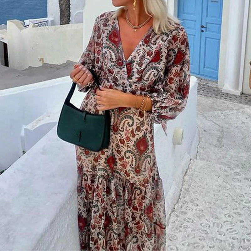 Fashion Pattern Print Vacation Beach Dress Women Spring V Neck Long Sleeve Boho Maxi Dress Summer Lace-up Backless Long Dresses