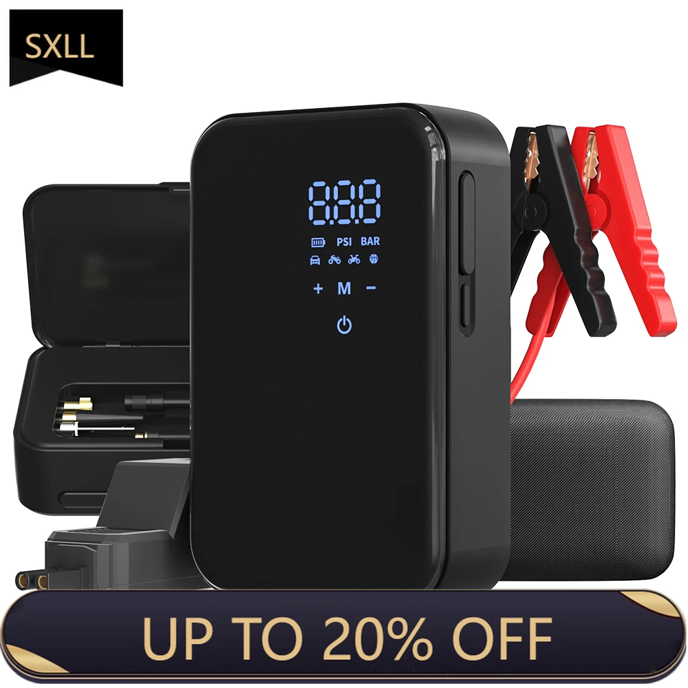 

SXLL 12V 10400 mAh Portable Car Jump Starter Power Pack with Air Compressor 150 psi 25 mm High Power Car Jump Starter Emergency