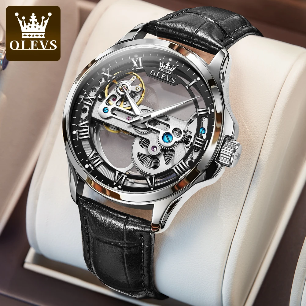 OLEVS 6661 Man Watch Luxury Fashion Leather Strap Fully Transparent Hollow Mechanical Wrist Watch for Men Original Men's Watches