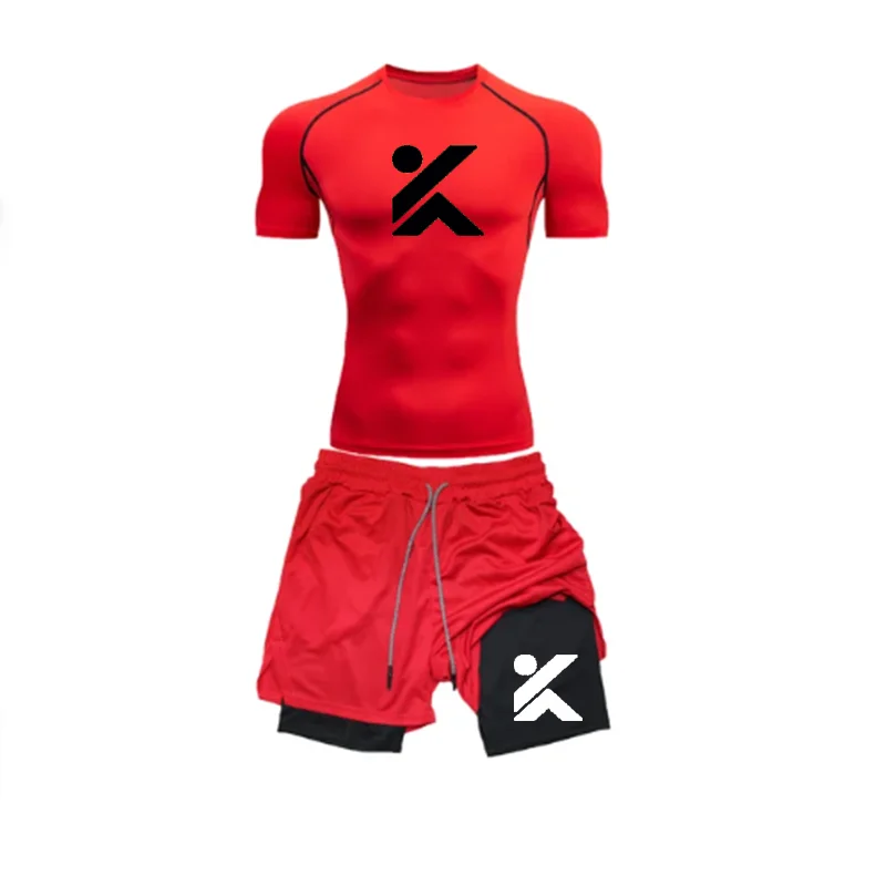 Atasan Olahraga Kasual Gym Gambar Cetak Huruf K Baru Setelan Pria Ketat Olahraga Desain Fashion Cepat Kering Leher Bulat