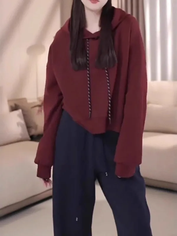 

Красная женская толстовка с капюшоном и завязками, свободного кроя, весенняя новинка, большие размеры, скрывающая живот, стройнящая, в корейском стиле, с длинными рукавами