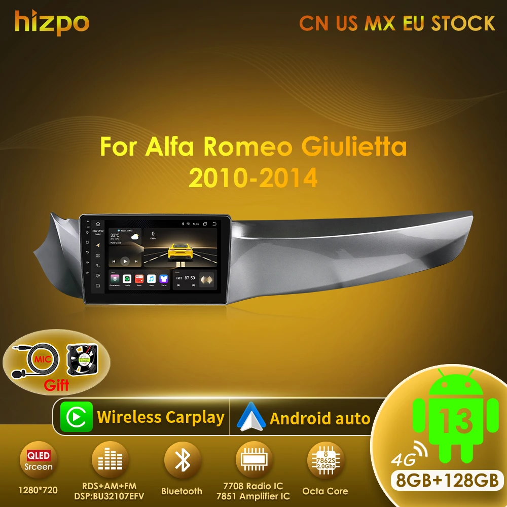 

Hizpo Android 13 Радио для Alfa Romeo Giulietta 2010-2014 Автомобильный мультимедийный плеер GPS-навигация 2din Сенсорный экран Carplay 7862S