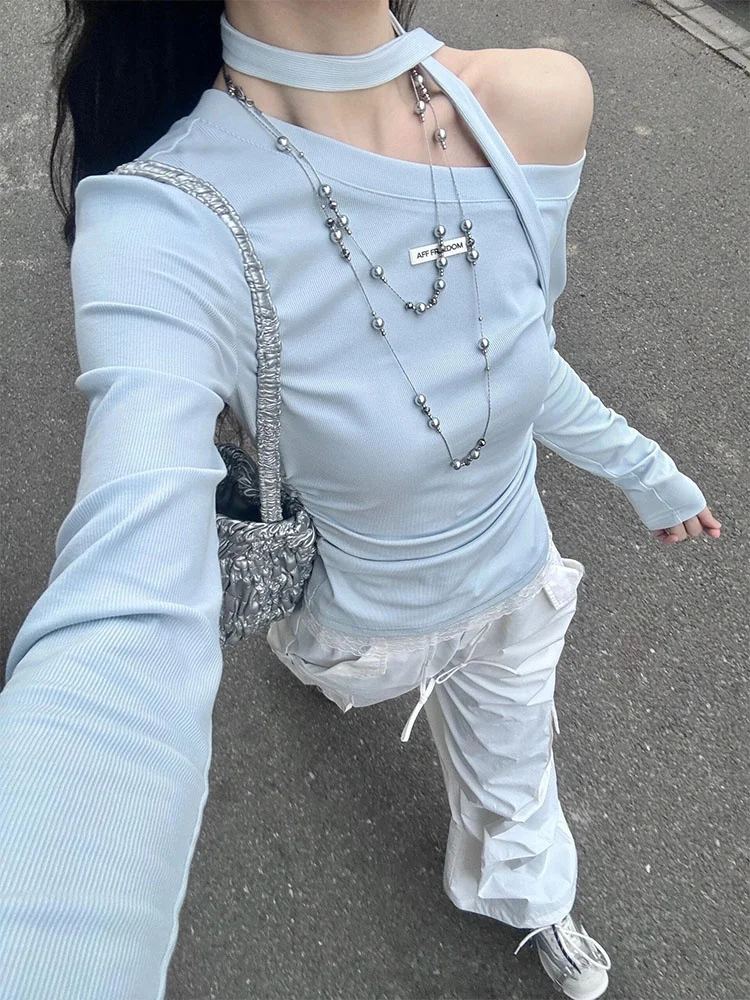 Oulder Bared Long Sve T irt المرأة الربيع الكورية Sle سليم صالح ملابس داخلية قاعدة irt مثير فتاة oulder أعلى