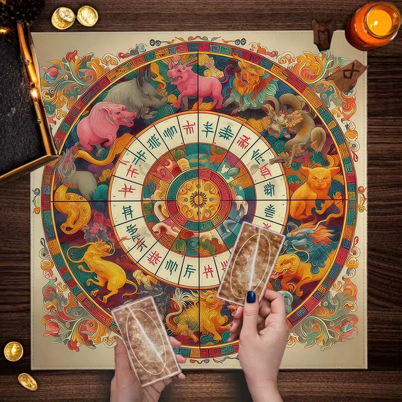 VIKAMA Chinese Style Twelve Zodiac Tarot Cards Altar Cloth Retro Rune Compass Tablecloth Oriental Destiny Divination Mat