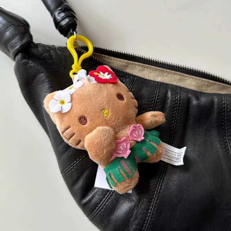 Sanrio Hello Kitty Plush Keychain Cute Hawaii Doll Keyring Fluffy Stuffed Vacation Black Skin Plushies Toy Backpack Pendant Gift