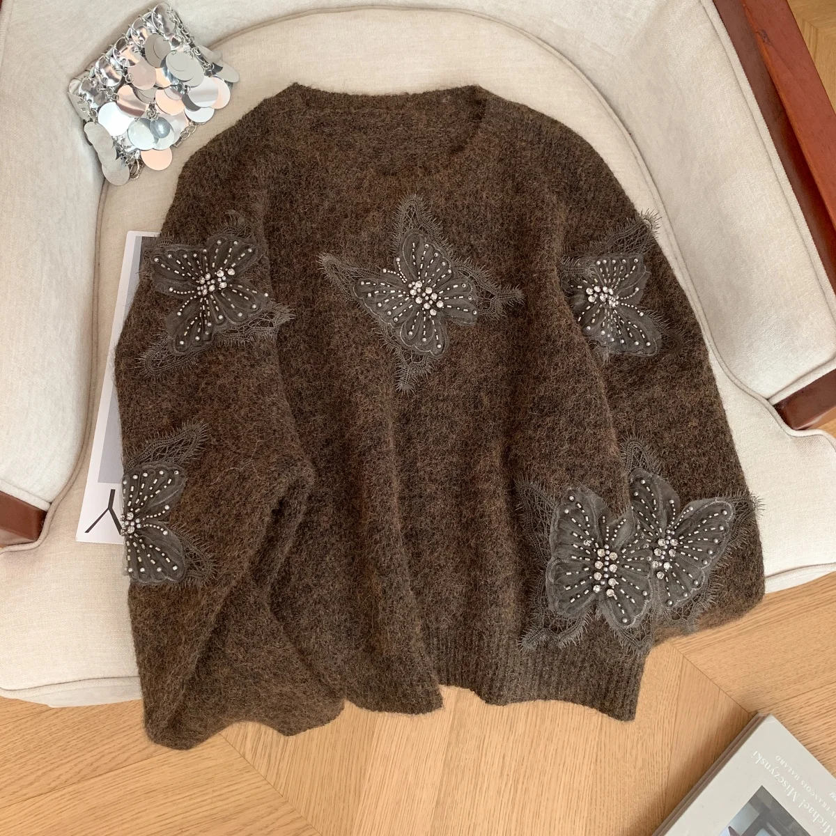 المرأة البني متماسكة البلوز سترة خمر البلوز متماسكة طويلة الأكمام فراشة سترة الكشمير المعنقة الخريف الشتاء 2000s الملابس 2025