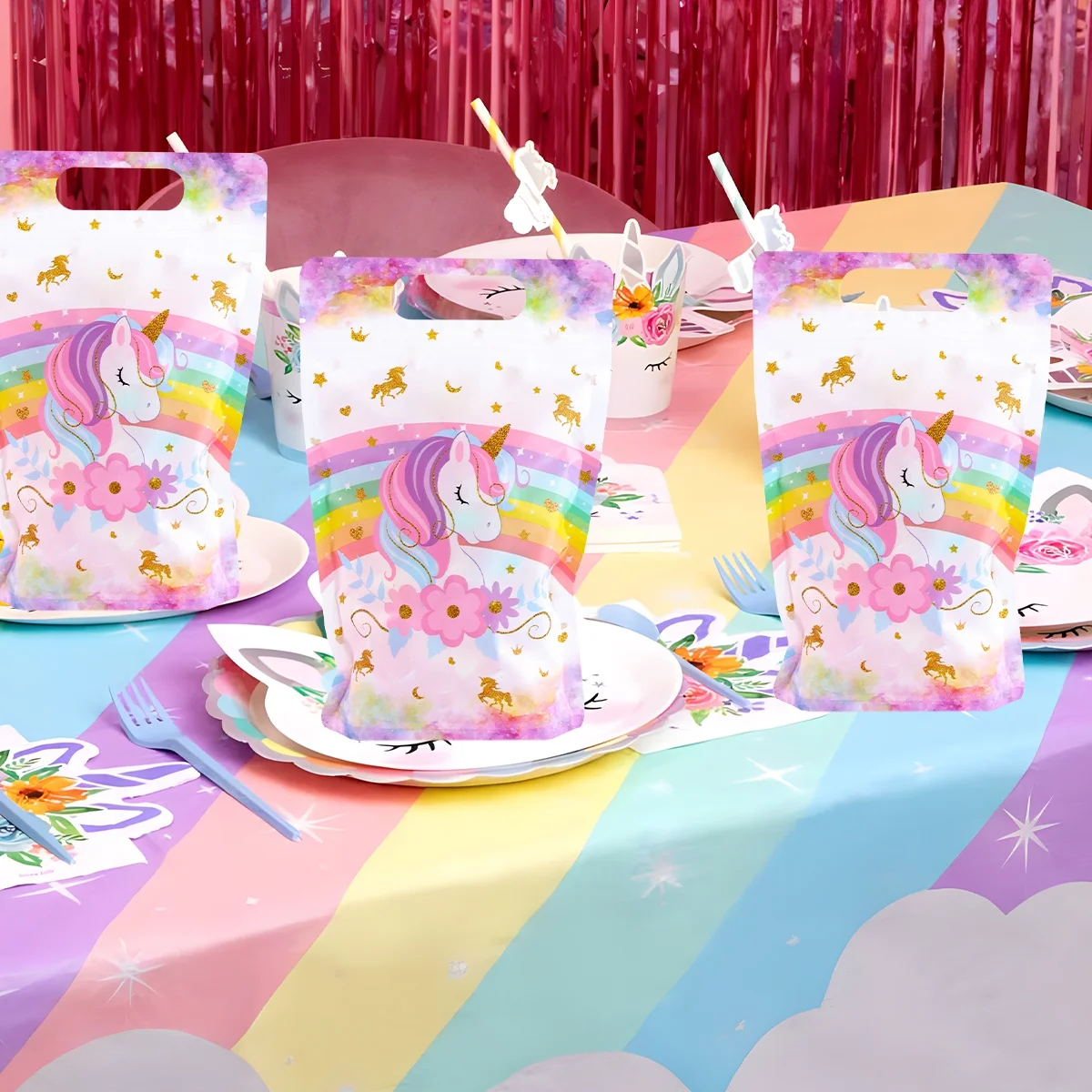 10/20 stücke Rosa Einhorn Stand Up Tasche Backen Cookies Geschenke Verpackung Kunststoff Tasche Für Kind Mädchen Geburtstag Hochzeit Einhorn party Decor – Detail 5