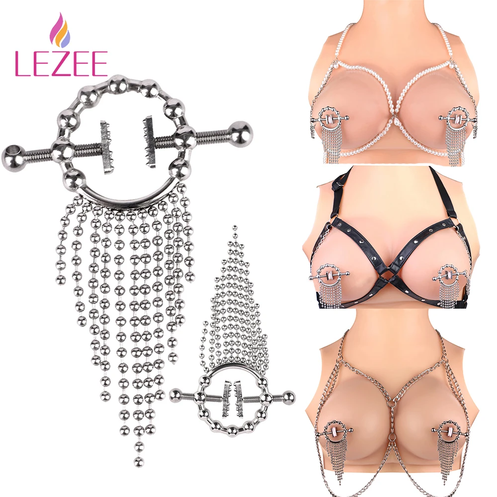 

LEZEE Fetish Nipple Clamp With Metal Chain Breast Labia Clip Chest Massager Stimulation NIpples Clamps Adult BDSM Sex Products