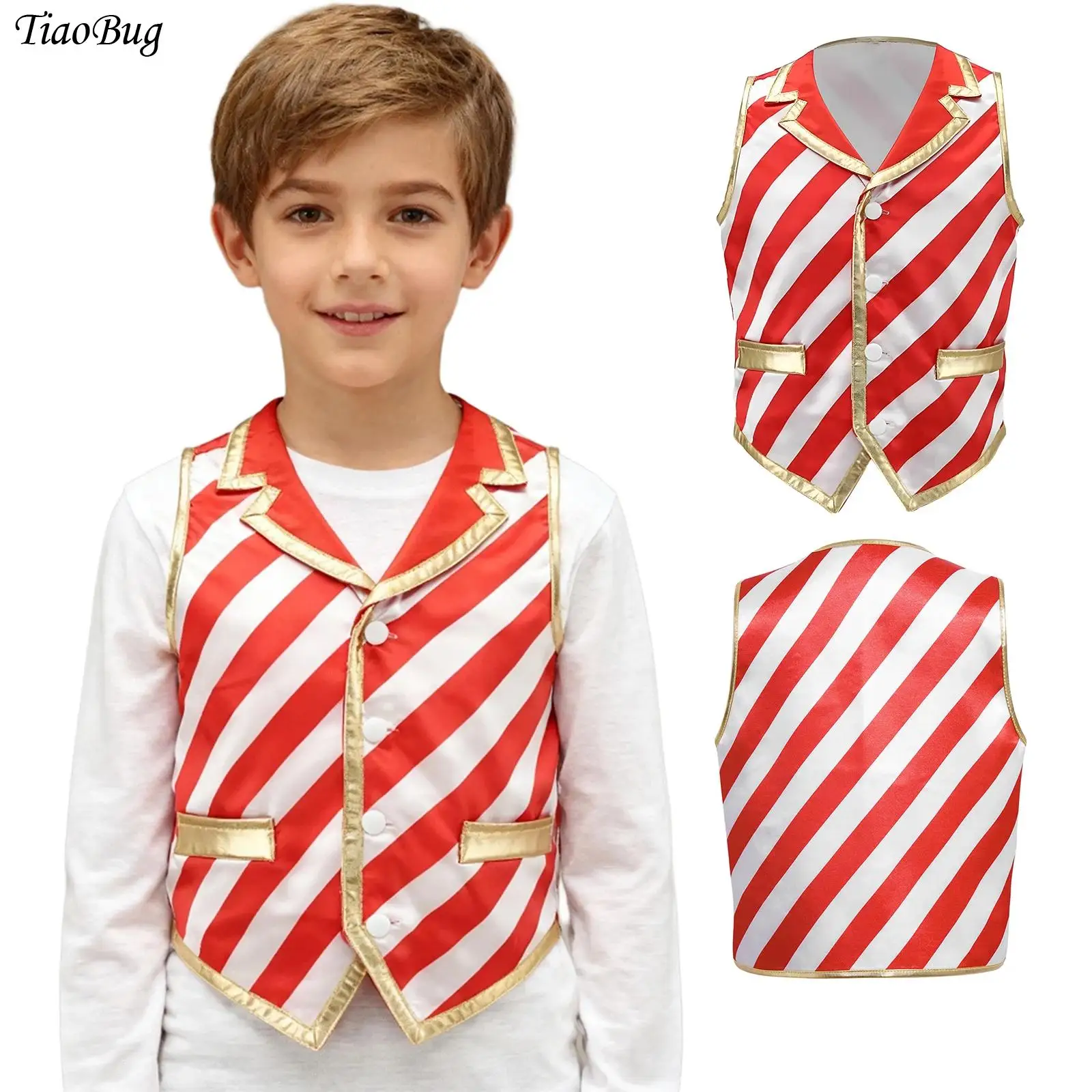 

Boys Christmas Candy Cane Striped Vest Sleeveless Sequin Santa Elf Vest Waistcoat Top for Xmas Cosplay Party Jazz Dance Jacket