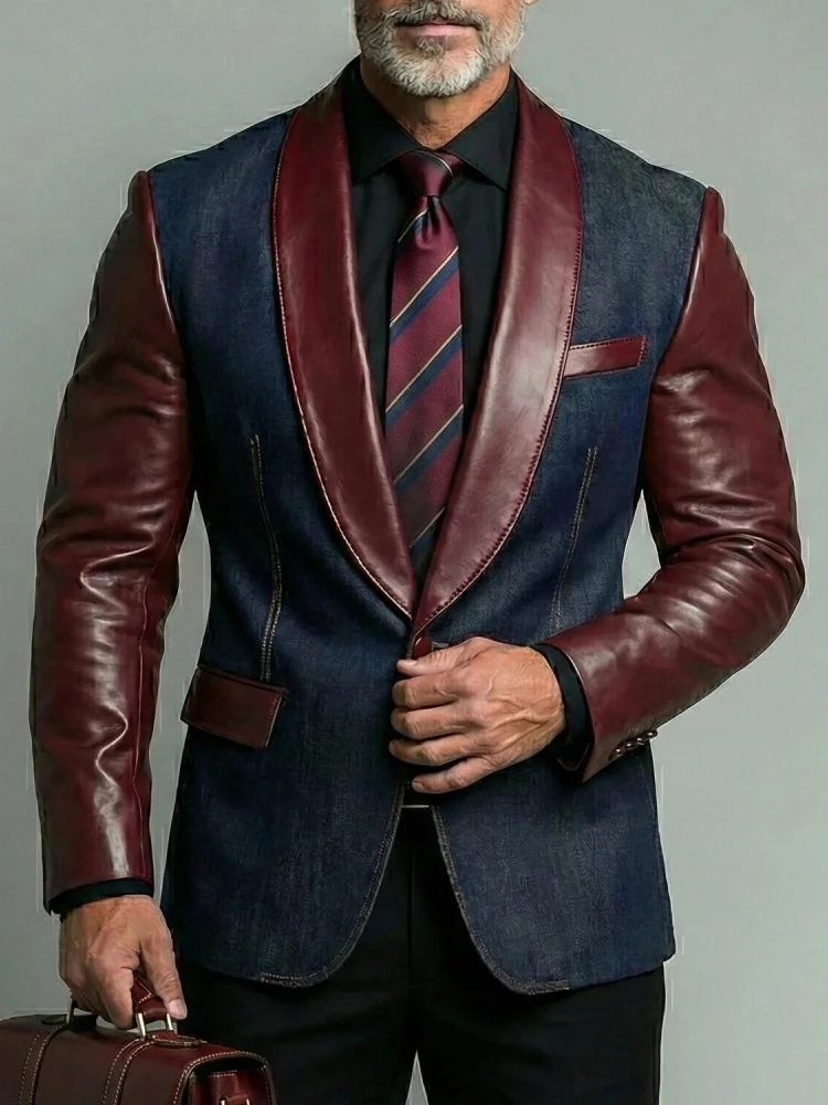

Designer Classic Men's Suit Coat Denim Patchwork PU Leather Notched Lapel Tuxedos Groom Wear Business Party Blazer
