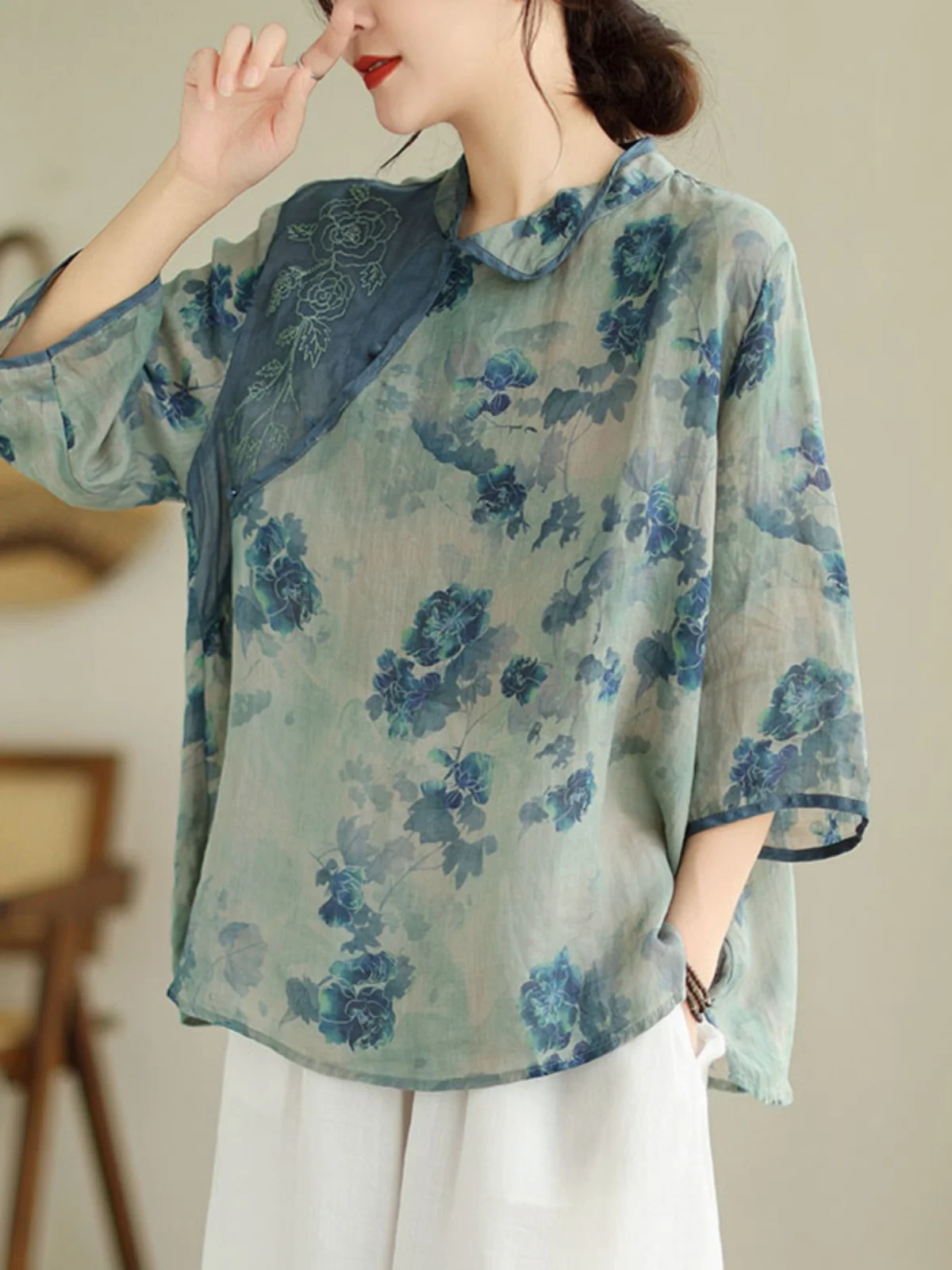 

Retro Chinese Sle Printed Linen Seven Sve irt Large Size Women's Clothing Contrast Stitching Thin Sle Vintage Overhe...