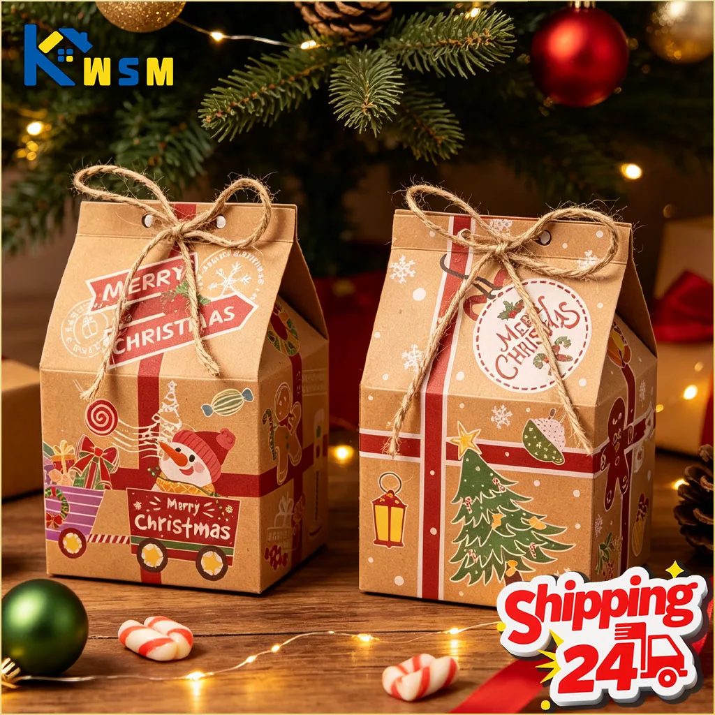 10-80PCS Christmas Kraft Paper House Shaped Candy Box Novelty Gift Container for Holiday Wedding Home Table Celebration Decor
