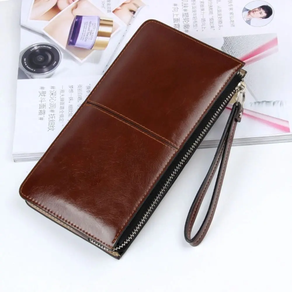 Leather Women's Clutch Wallet New Vintage Zipper Coin Purse Large Capacity Oil Wax Wristband Wallet