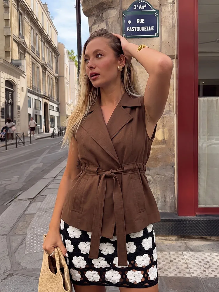 HH Women Spring Summer Elegant Brown Sleeveless Vest Jacket Lapel Collar Belted Waist For Dinner Date Work Office Vacation Wear