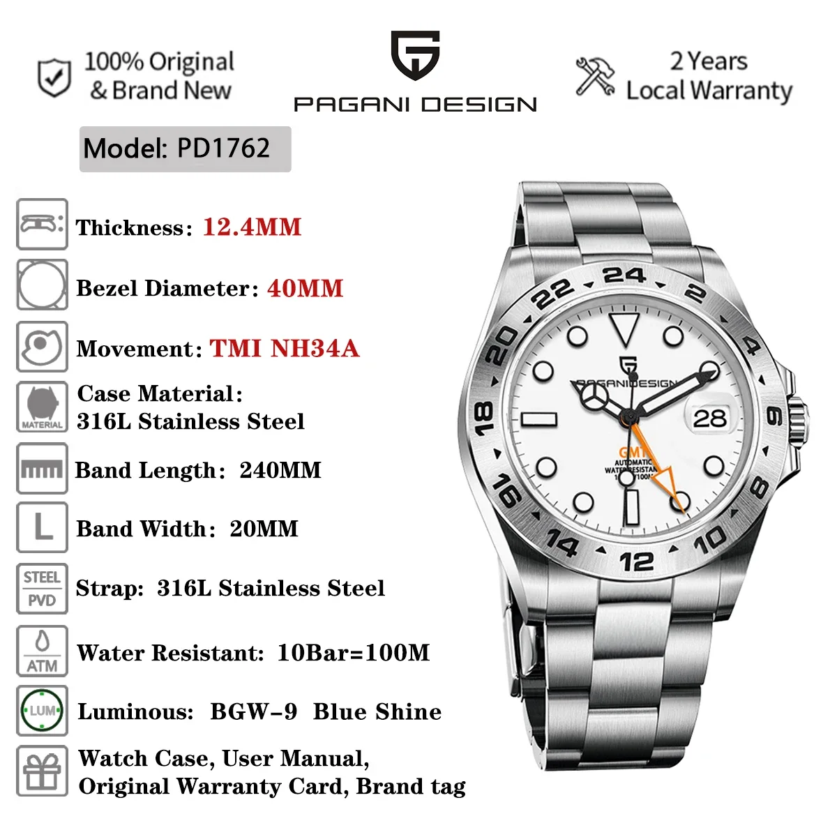 2024 New PAGANI DESIGN NH34 Men\'s Automatic Mechanical Watch Stainless Steel Sport Waterproof GMT Clock relogios masculino