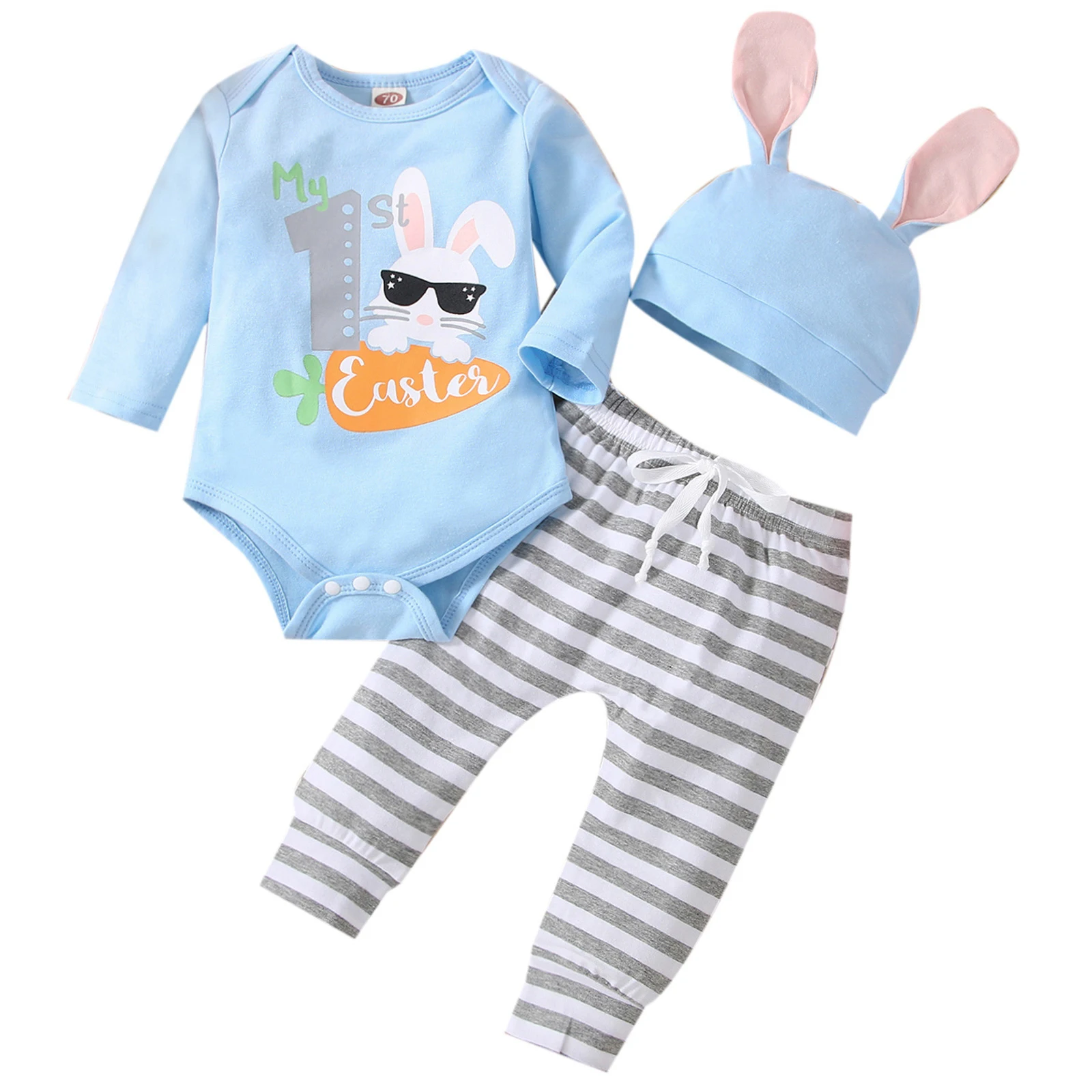 

Newborn Baby Girls Cute Rabbit Easter OutfitLong Sleeve Letter Cartoon Print Bodysuit with Pants Hat Baptism Birthday Rompers