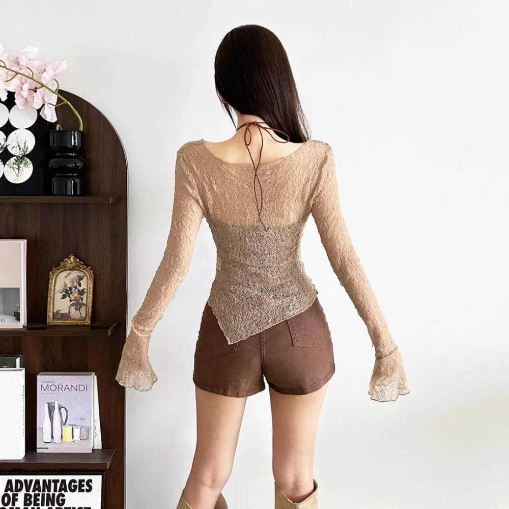 SylCue 가을 신상 탑 슈트 여성 섹시 시스루 로우넥 플레어 슬리브 티셔츠+홀터 스키니 탱크탑 스트리트 의상