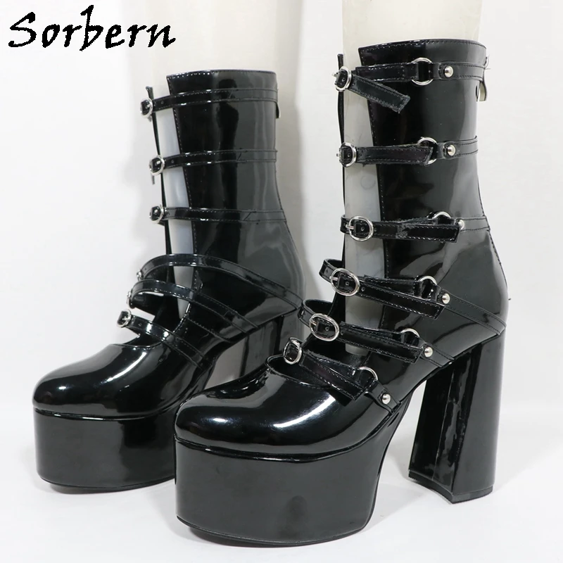 Sorbern Black Glossy Gladiator Style Ankle Boots For Women Block High Heel Visible Platform Shoes Short Booties Custom Colors