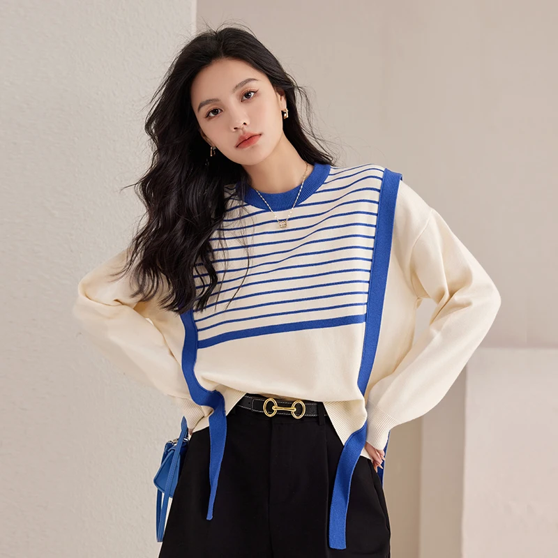 Pullovers Sweater Women 2023 Autumn Winter Vintage Lazy Loose Stitching Fake Two Pieces Long Sleeve Striped Knitwear Tops Female