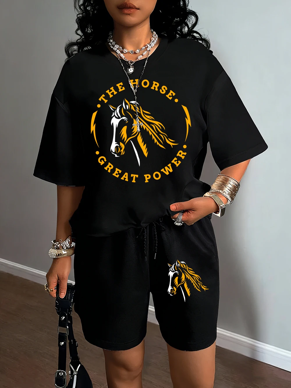 

The Horses Great Power Printed T Shirts Suits Women Loose Cotton T-Shirt Summer Pocket Black Pant Set Drawstring Short Pants