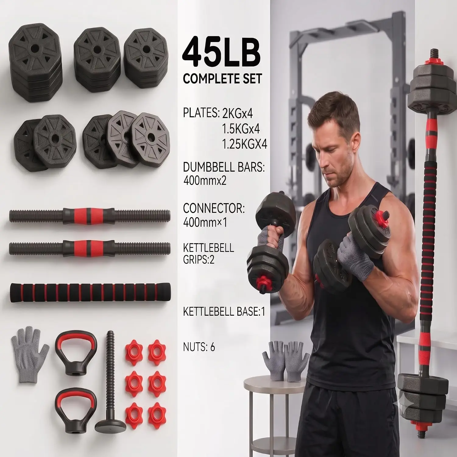 6-in-1 Adjustable Dumbbell & Barbell Weight Set, 45LB Octagon Anti-Roll Iron Sand & Cement Composite Weights, All-in-One Home