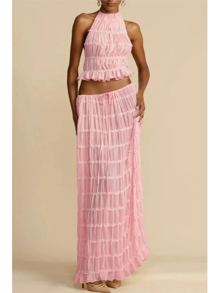 

Summer Female 2 Piece Set Round Neck Long Skirt Suit Women Lace Up Top Wrinkle Maxi Skirt Set Vacation Conjunto Dos Piezas Mujer