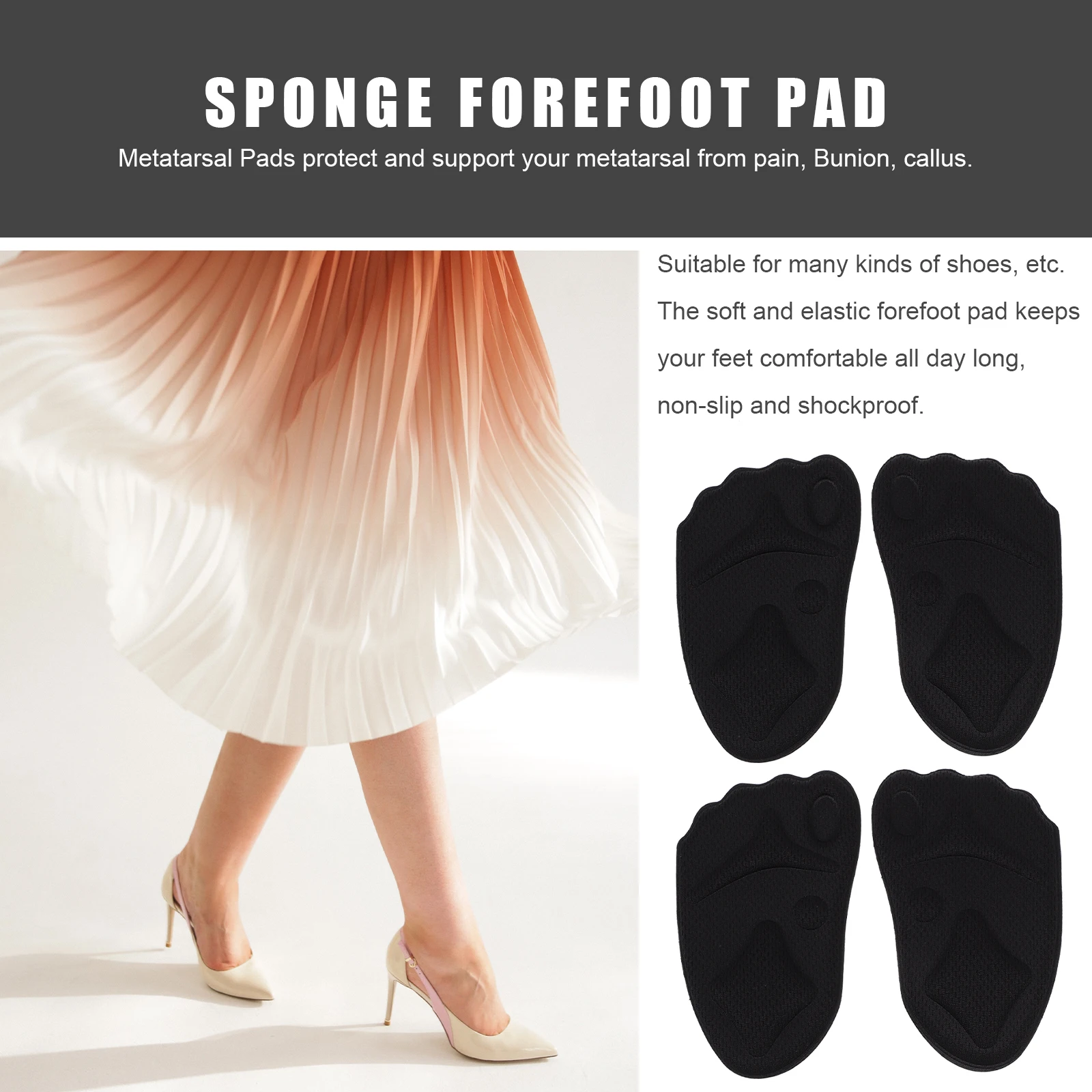 

8 Pcs Black Half Insoles Forefoot Pain-proof Cushion Shoe Pads Comfort Adhesive Heel Inserts High Heel Pads Anti-fatigue Foot