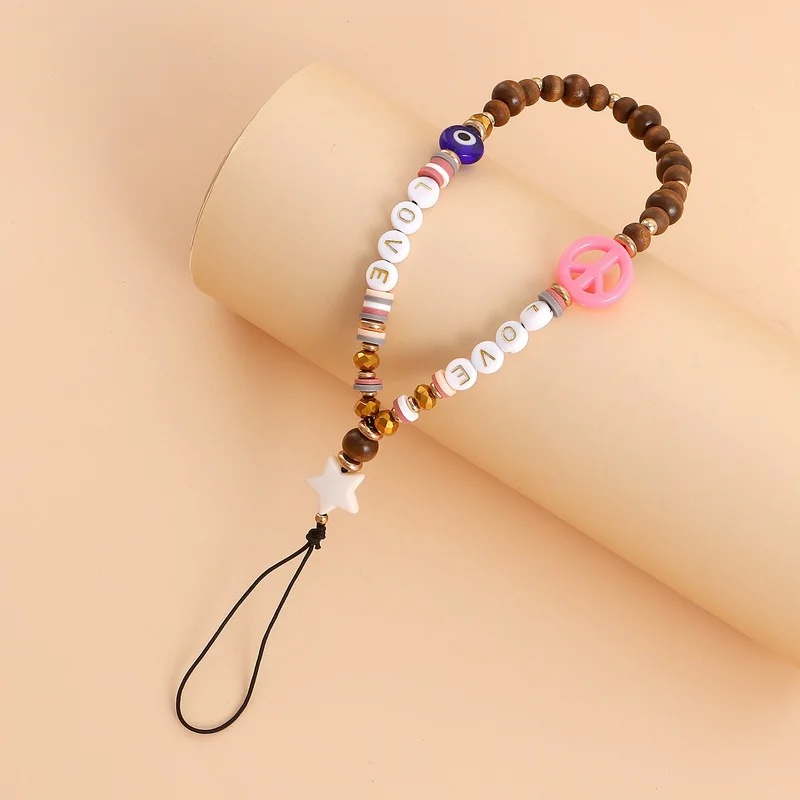 Simple Crystal Pearl Phone Chain Women Clay Beaded Phone Lanyard Devil\'s Eye Love Mobile Phone Strap Pendant Jewelry Accessories