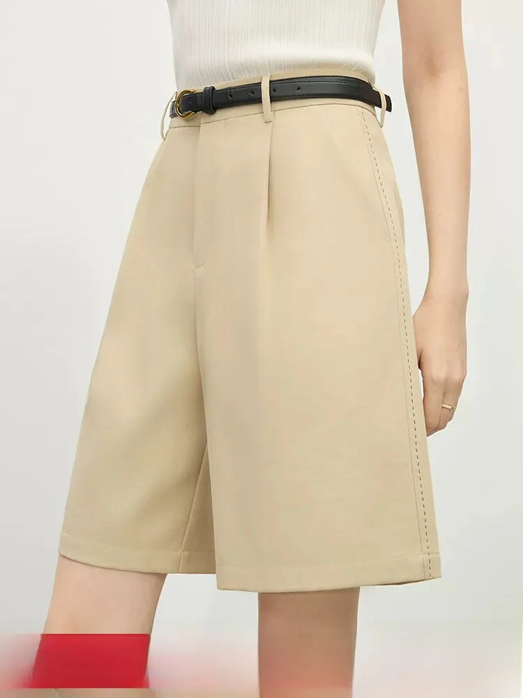 

Khaki Short Pants Casual Office Lazy Commute Trousers Spring New Style High Waist Straight Leg Pants Simple Style Ladies' Jeans